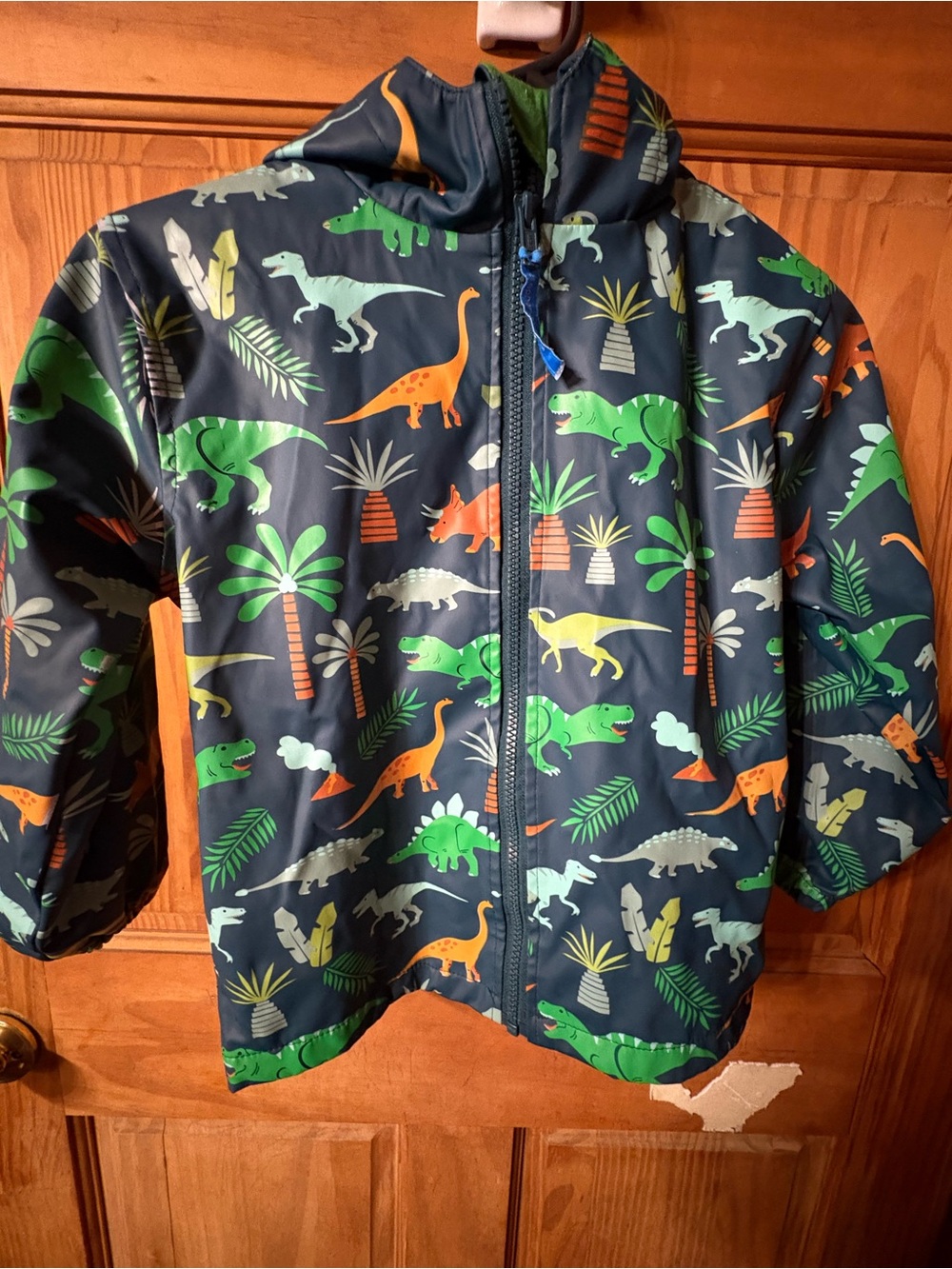 Kids Navy Dinosaur Print Hooded Jacket - Green & Orange